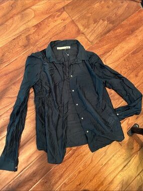 Acote Dark Green Sheer Silk Blend Button Down LS Blouse Size 0
